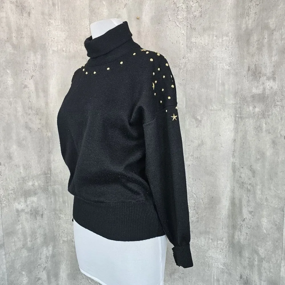 Vintage 80s Meister Womens M Black‎ Knit Turtleneck Sweater Brass Studded Detail